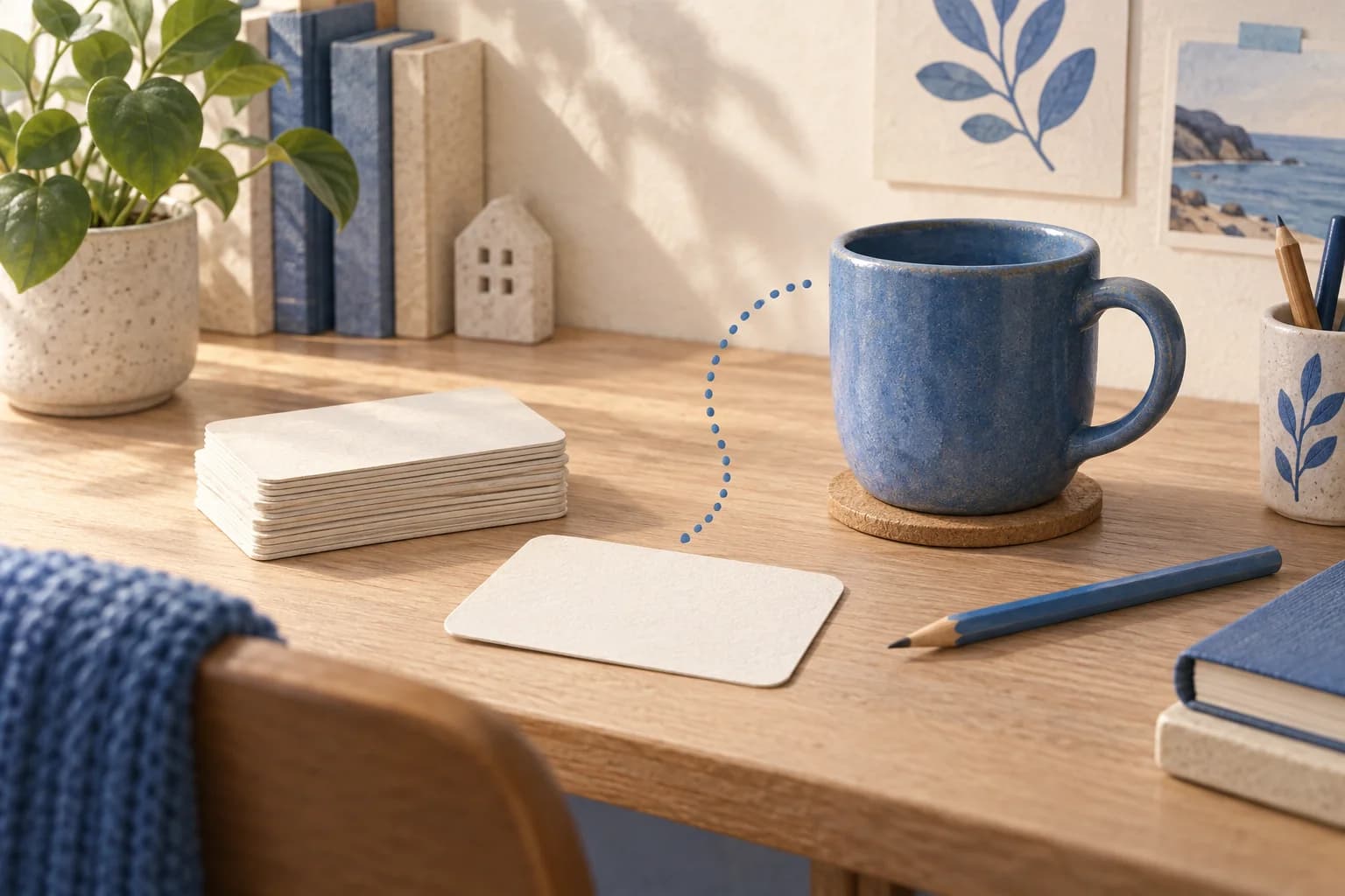 A cup and blank study cards, illustrating recall from everyday objects