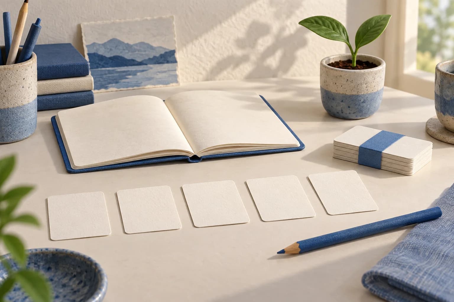 A notebook, study cards and a sprout illustrating a manageable routine