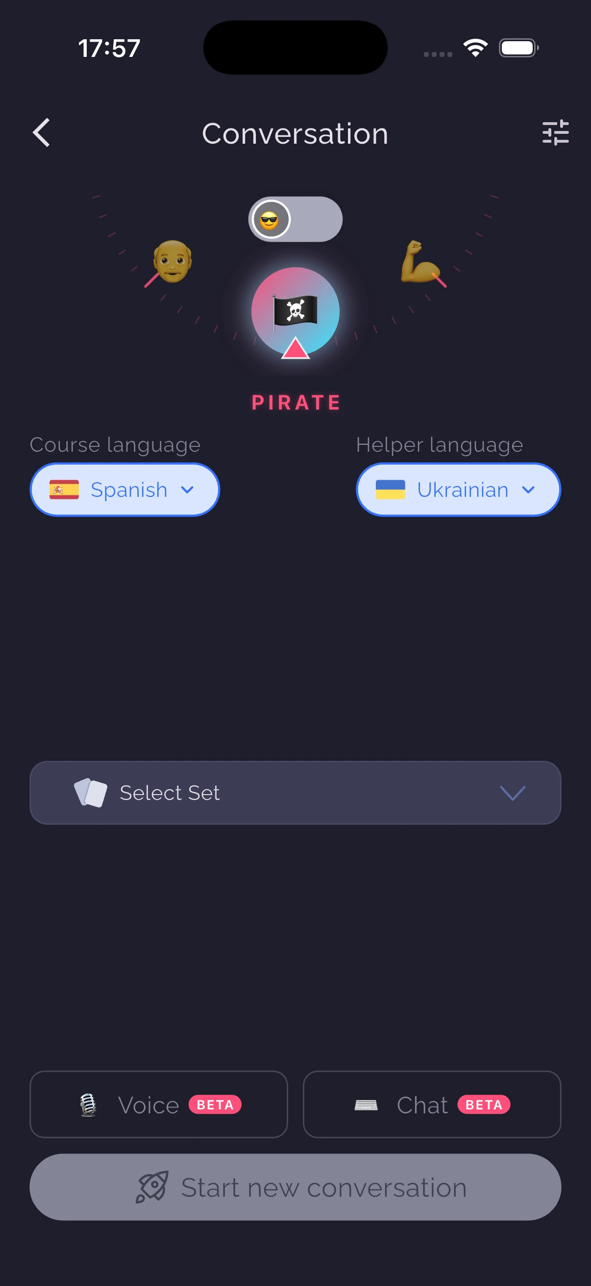 WordPlus conversation setup with course language, helper language, Select Set and Voice or Chat modes