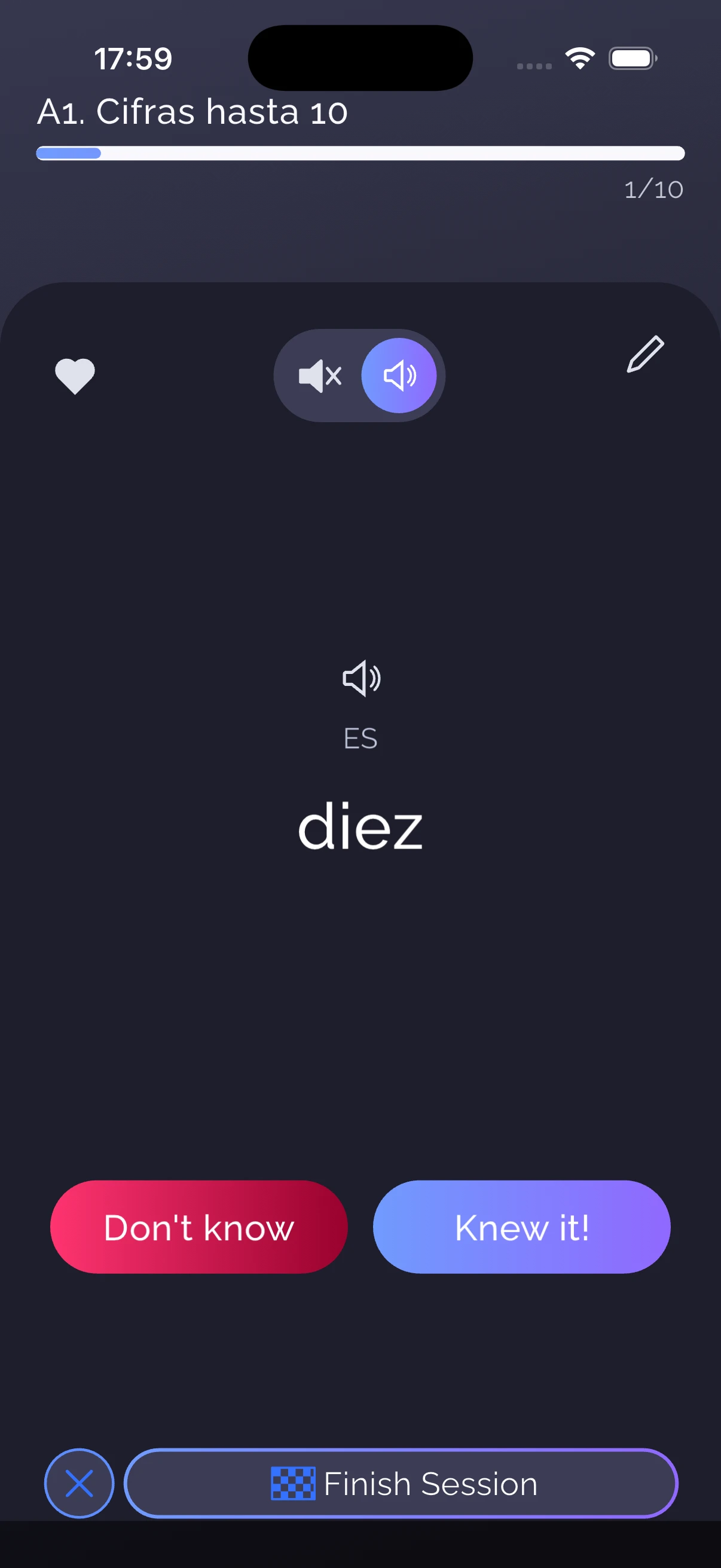 WordPlus flashcard showing the Spanish word diez with Don't know and Knew it buttons