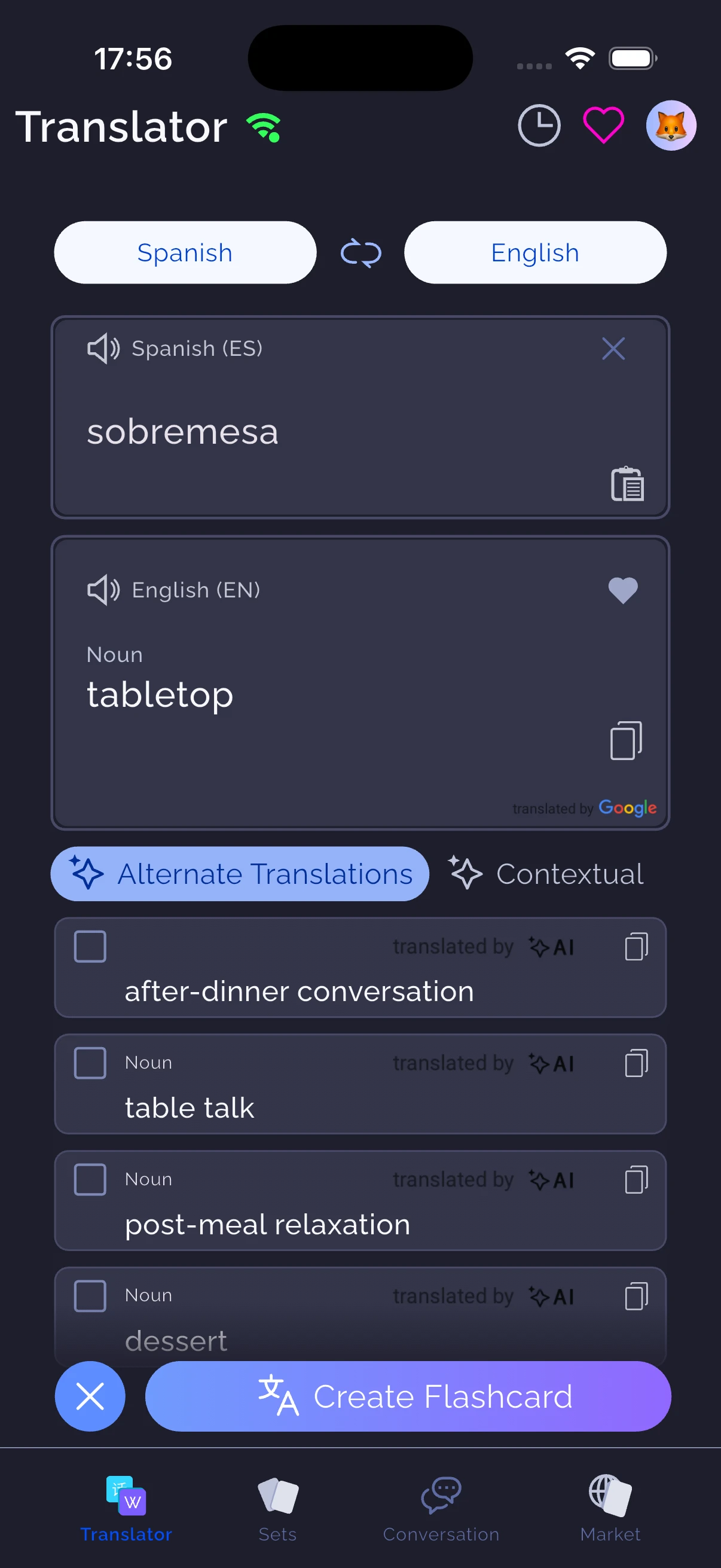 WordPlus translating sobremesa from Spanish to English with alternative meanings