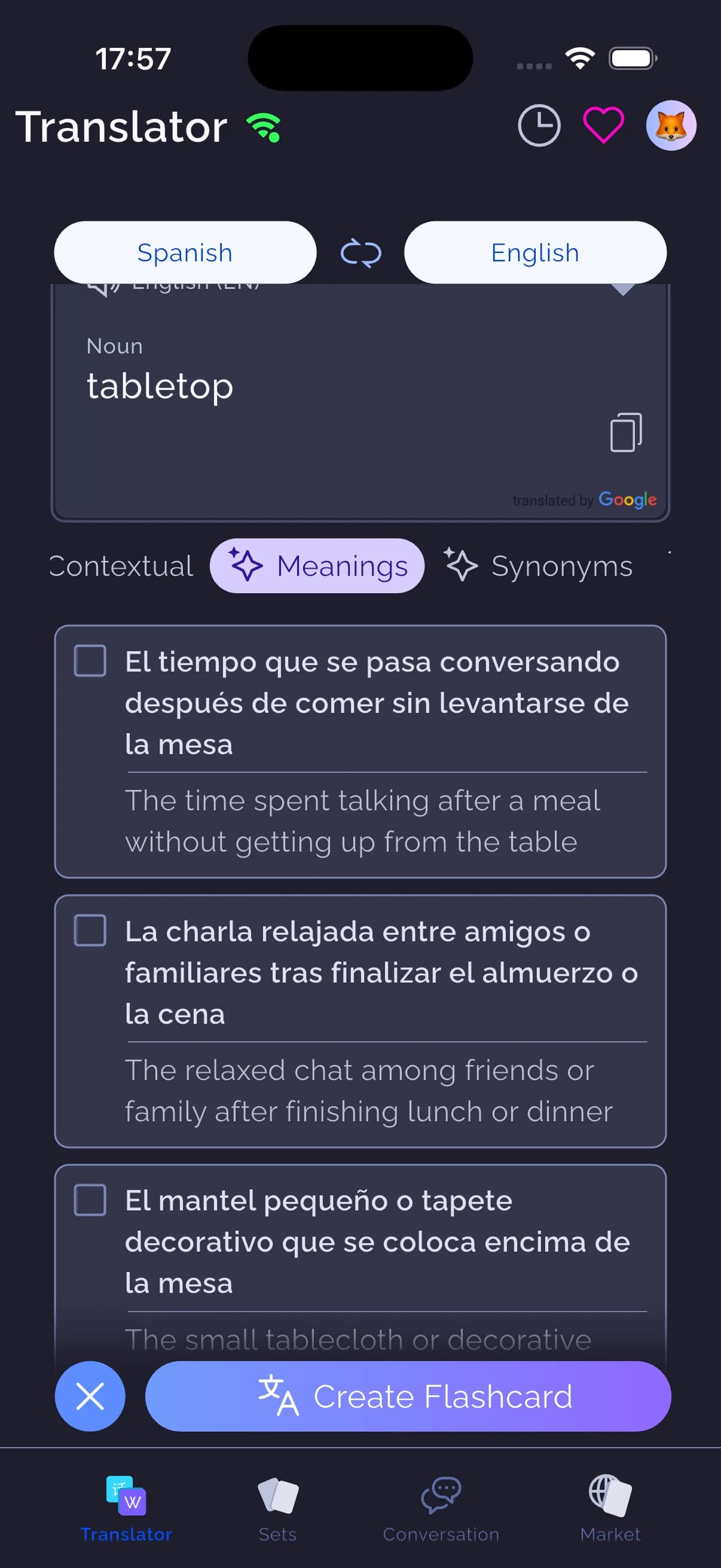 Spanish and English explanations of sobremesa in WordPlus